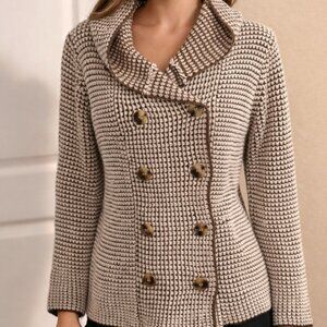 Brown and Cream Soft Knit Double Breasted Hooded Sweater Large